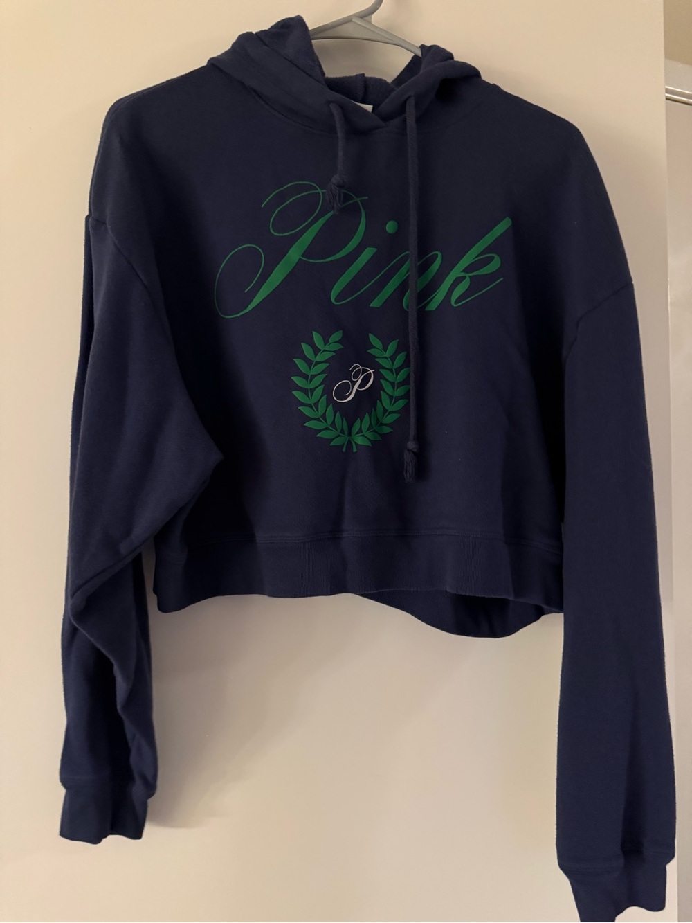 PINK Victoria's Secret Navy Cropped Hoodie with Green Script Logo